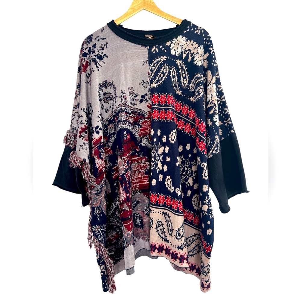 Free People Pieced Paisley Sweater Poncho M/L Fringed Patchwork Oversized Boxy